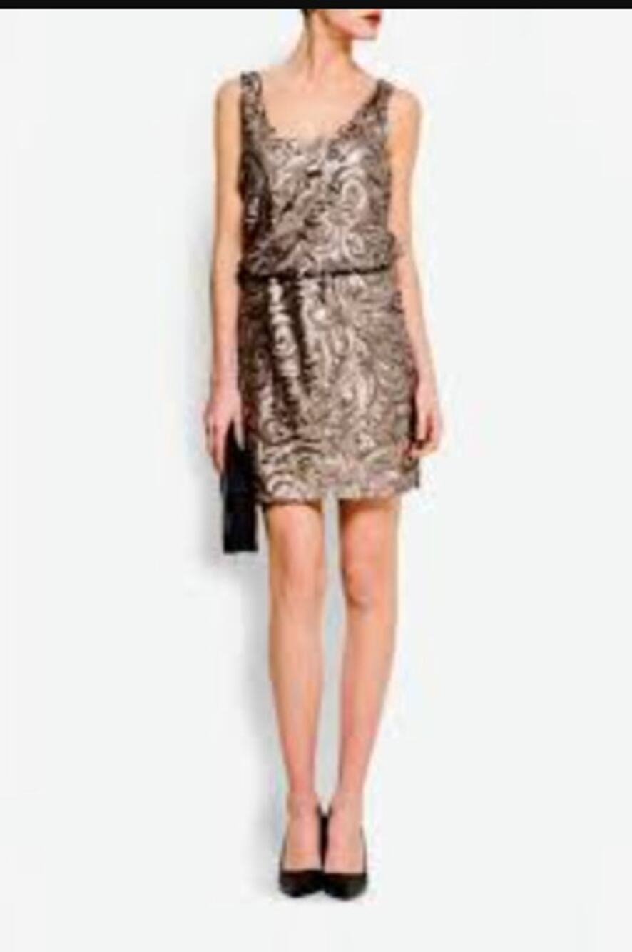 Mango Gold Sequins Dress Women Size 4 Brown Sleeveless Loose Fit Party Chic